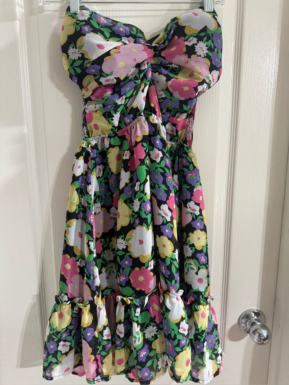 white birch Black Floral Strapless Dress with Pink Yellow Green & Purple Flowers